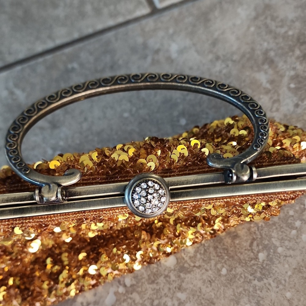 Vintage Gold Sequin Top Handle Clutch Kiss Lock Lined Silver Hardware Women j - Picture 4 of 8